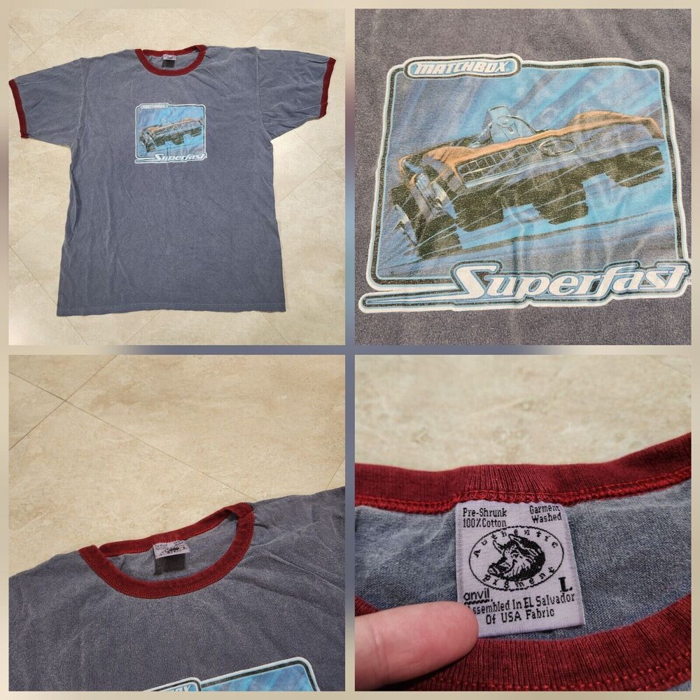 VTG 90s Y2K 2000s Matchbox Cars Superfast Mens L Large Car Ringer Promo T Shirt